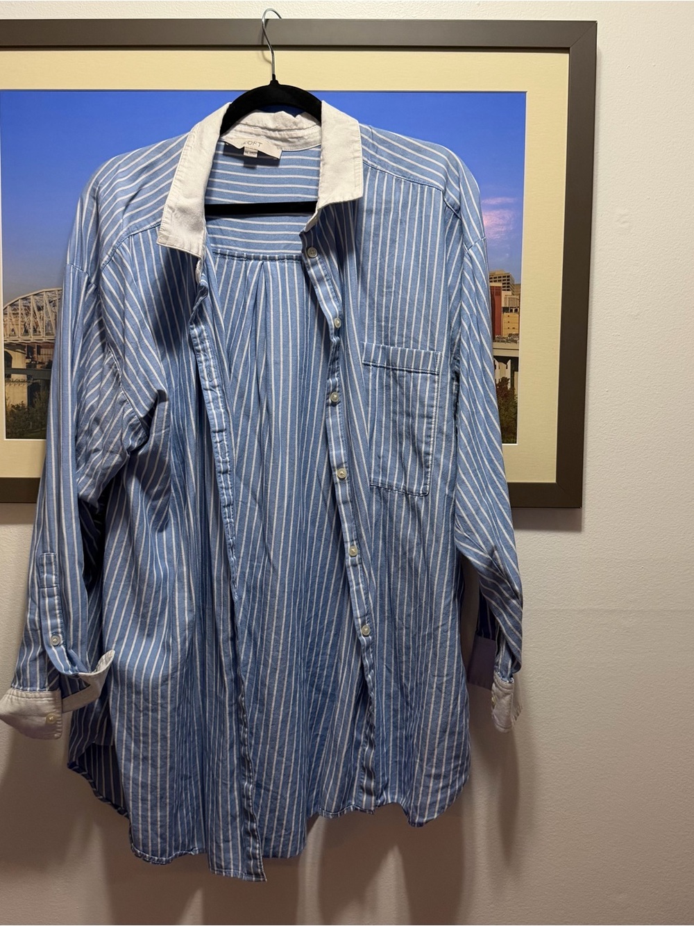 LOFT Light Blue and White Striped Button-Down Shirt